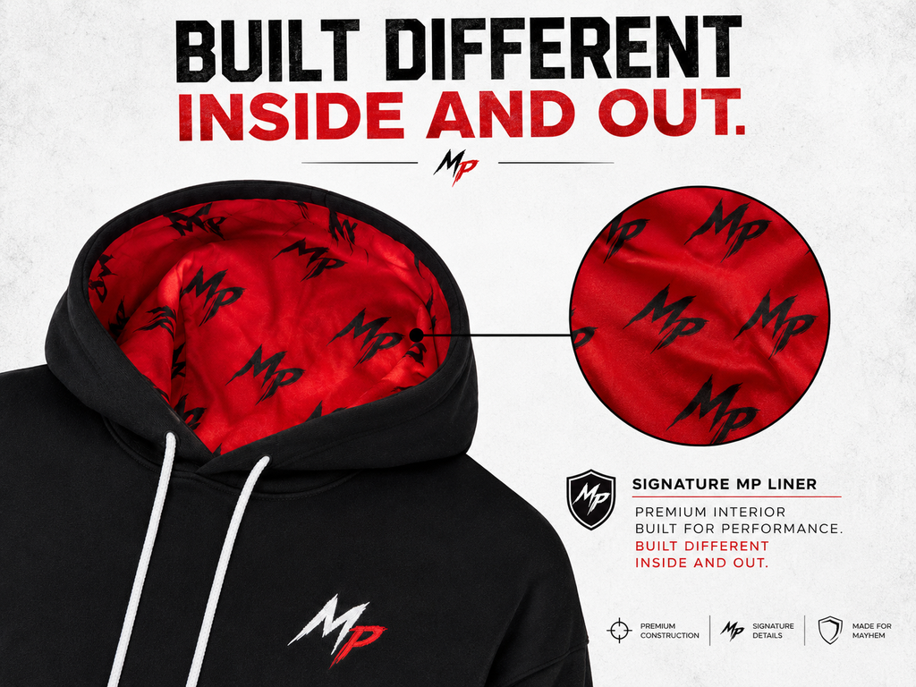 Black hoodie with red interior liner and MP branding on a white background