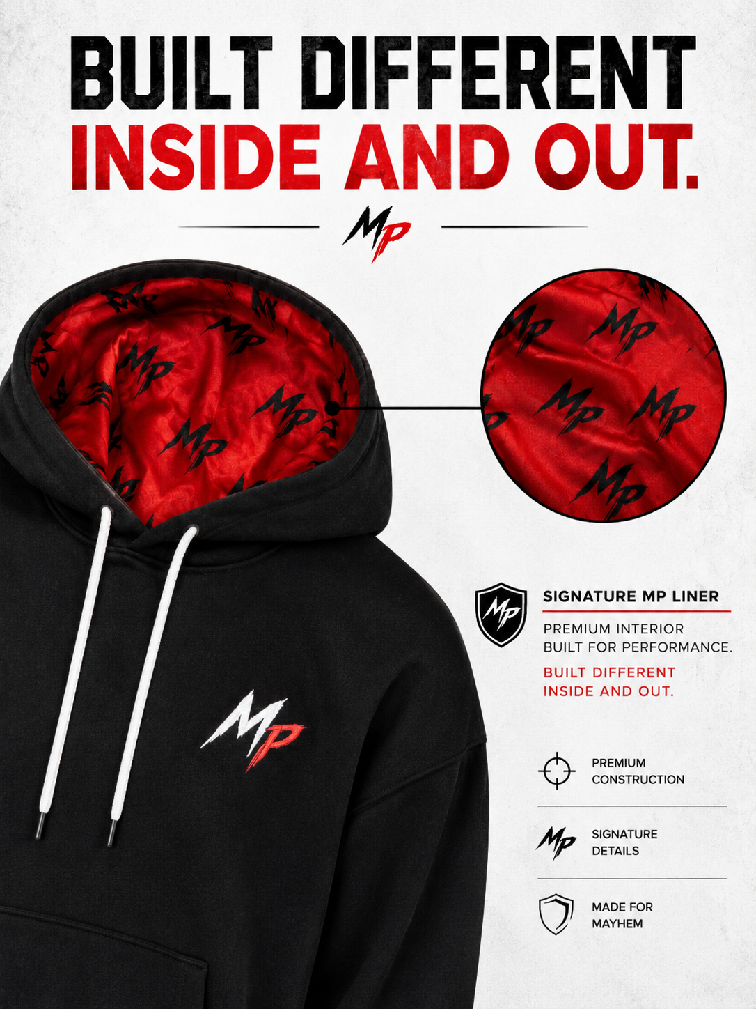 Black pullover hoodie with a red interior hood lining and white drawstrings, shown on a light background with marketing text and a circular inset highlighting the interior pattern. Visible brand text includes 'MP'.