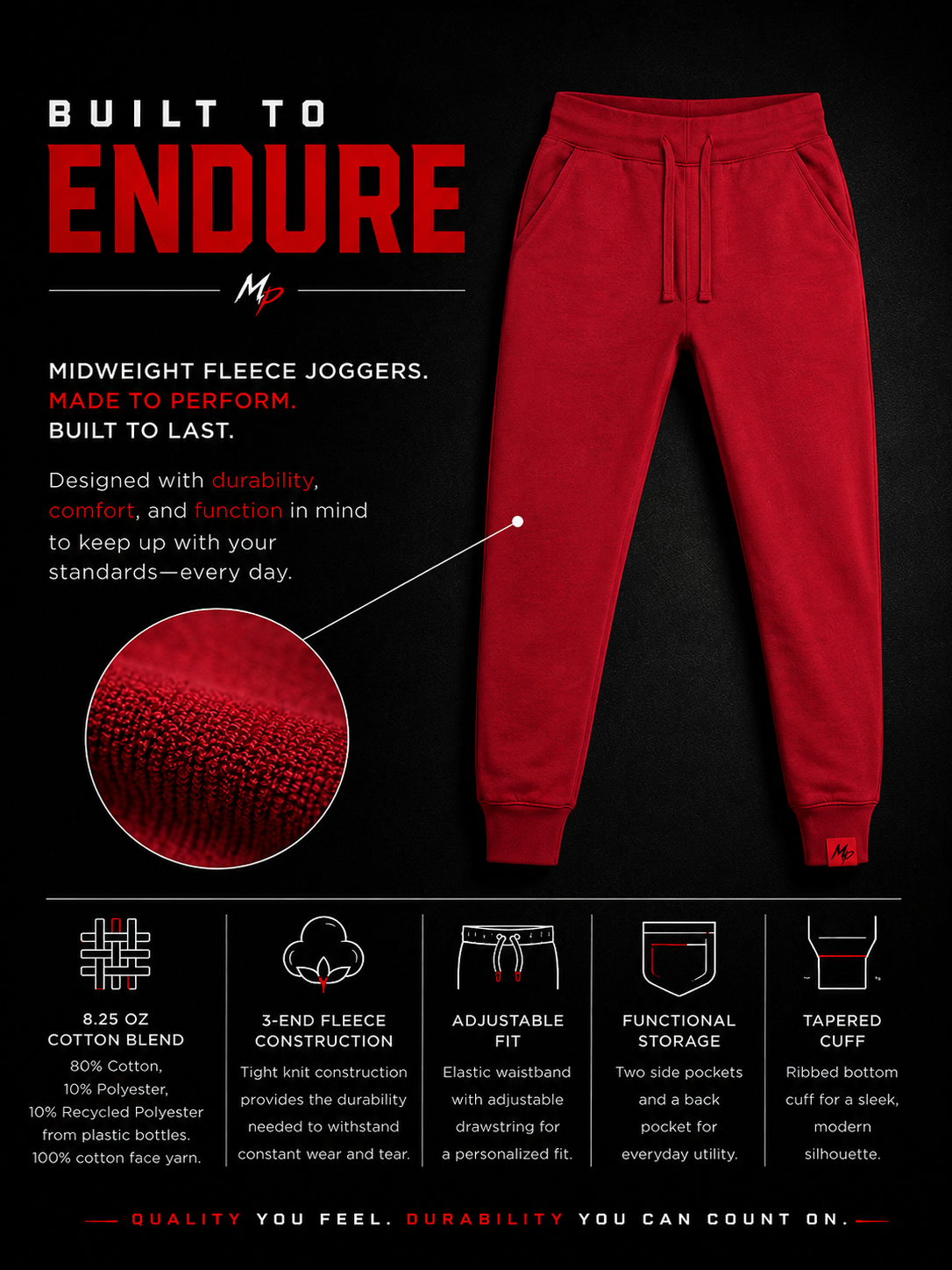 Red fleece joggers with a drawstring waist and tapered legs, shown on a black background with marketing text, a fabric zoom circle, and feature icons below.