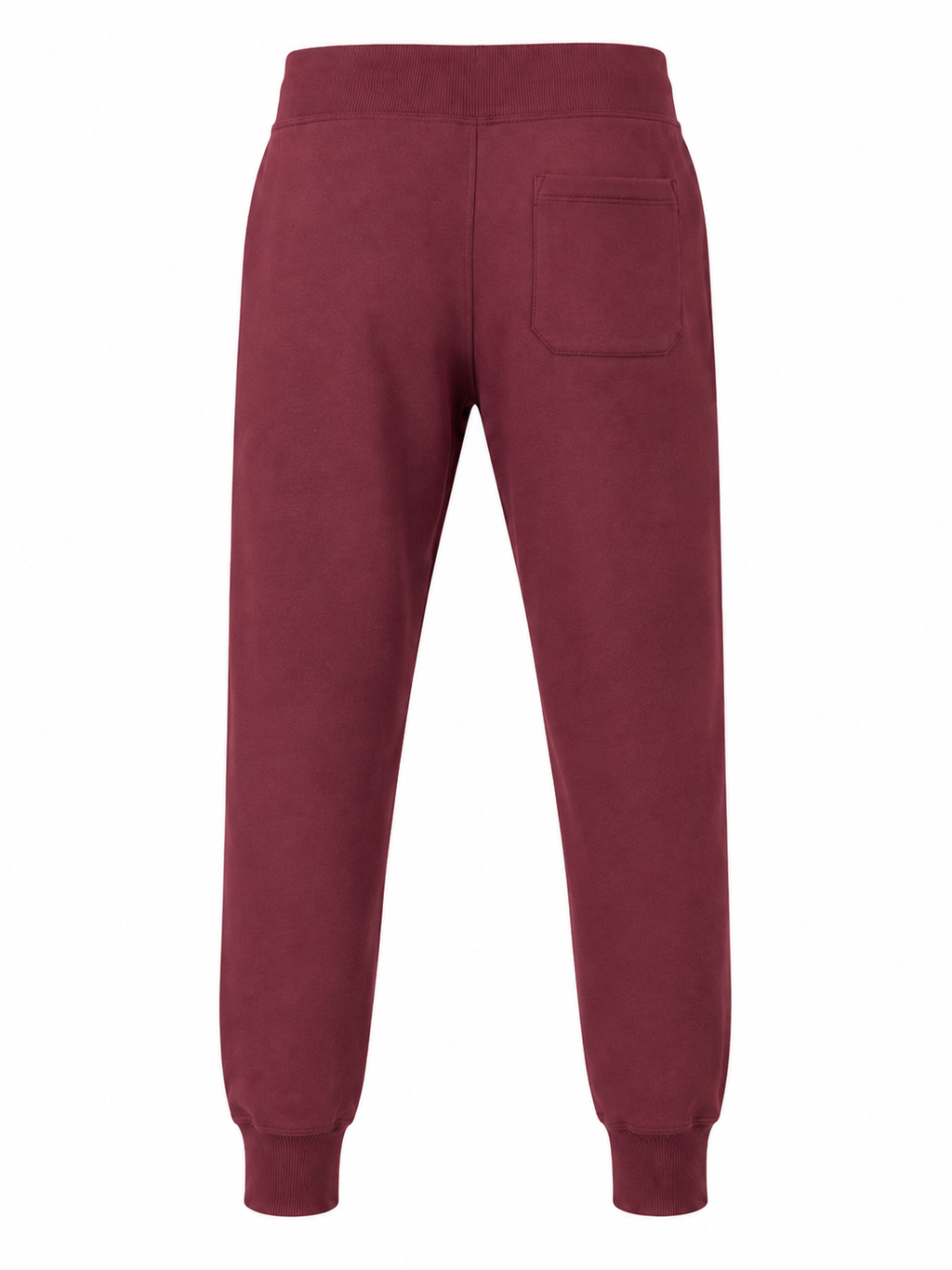 A pair of dark burgundy sweatpants shown from the back, featuring a single back pocket, elastic waistband, and ribbed ankle cuffs on a plain white background.
