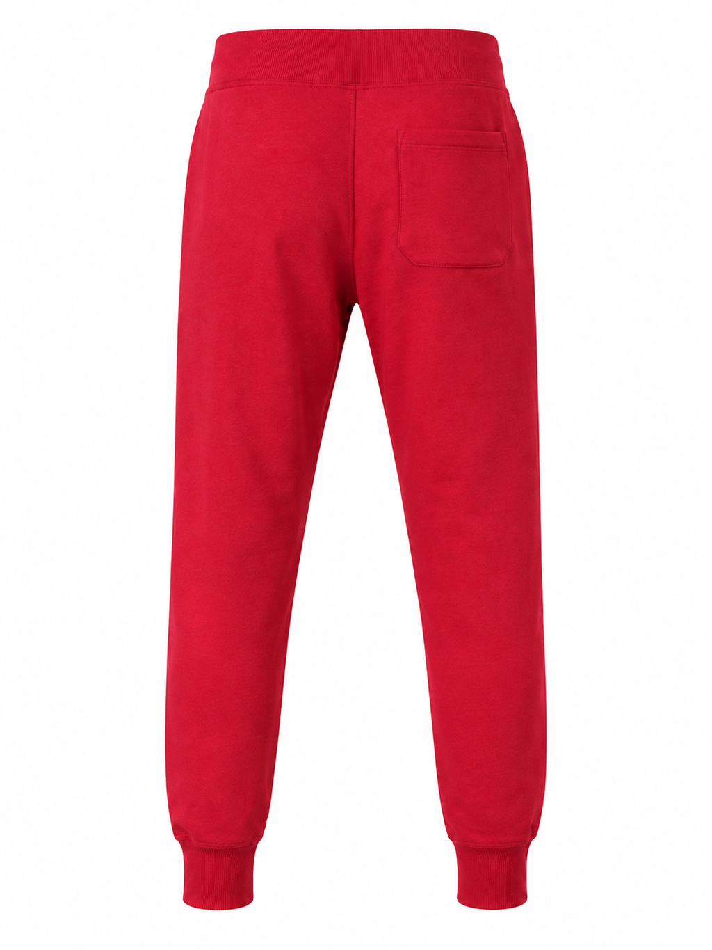 Red sweatpants shown from the back, featuring a high waistband, a single back pocket, and ribbed cuffs at the ankles, displayed on a solid white background.