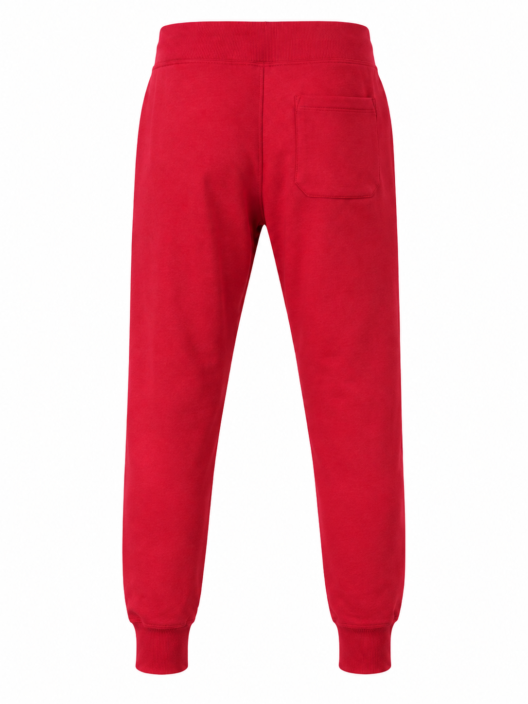 Red sweatpants shown from the back, featuring a high waistband, a single back pocket, and ribbed cuffs at the ankles, displayed on a solid white background.