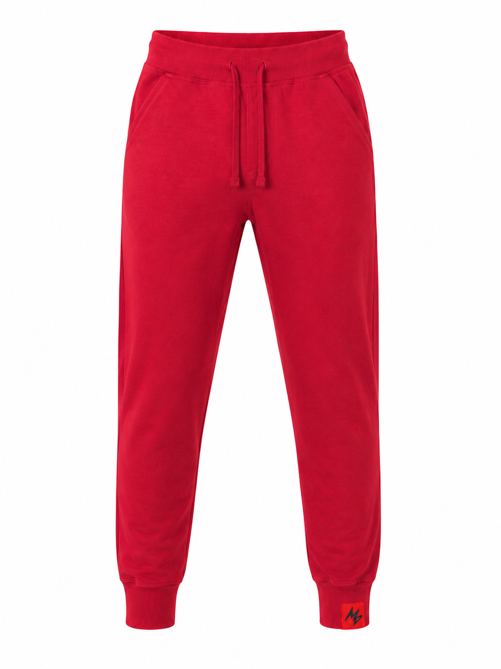Red sweatpants with a drawstring waist and ribbed cuffs, shown flat against a white background.