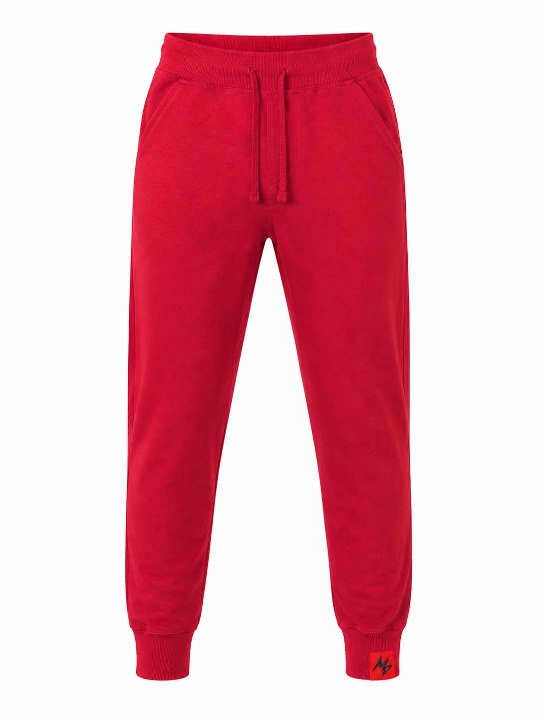 Red sweatpants with a drawstring waist and ribbed cuffs, shown flat against a white background.
