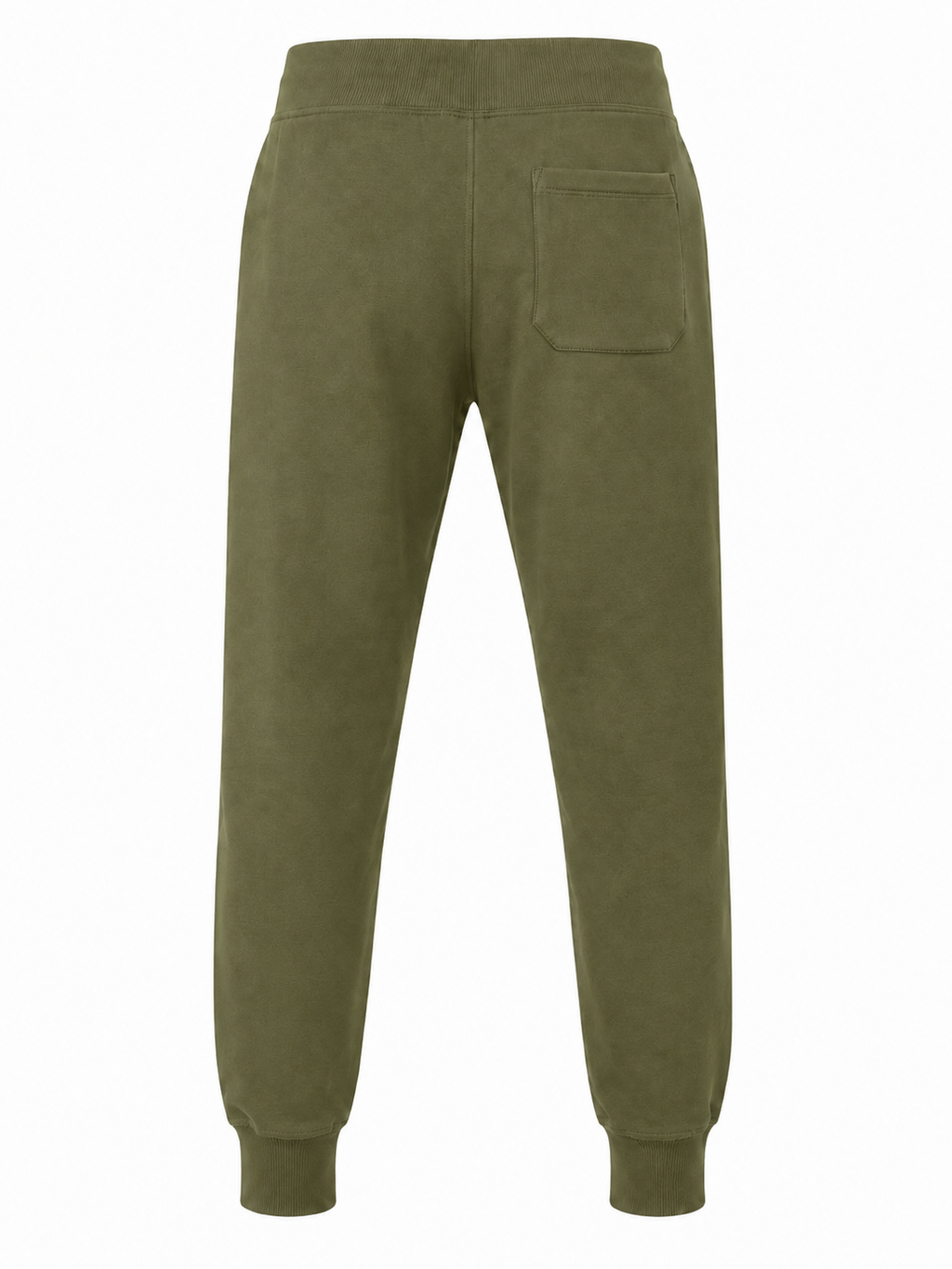 A pair of olive green sweatpants shown from the back, featuring a single back pocket and ribbed cuffs at the ankles, set against a plain white background.