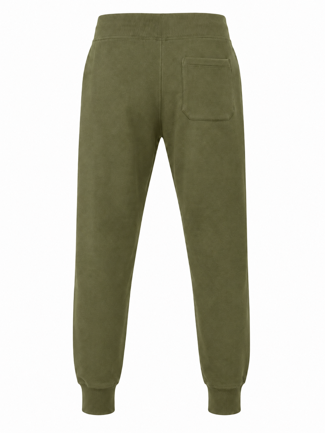A pair of olive green sweatpants shown from the back, featuring a single back pocket and ribbed cuffs at the ankles, set against a plain white background.
