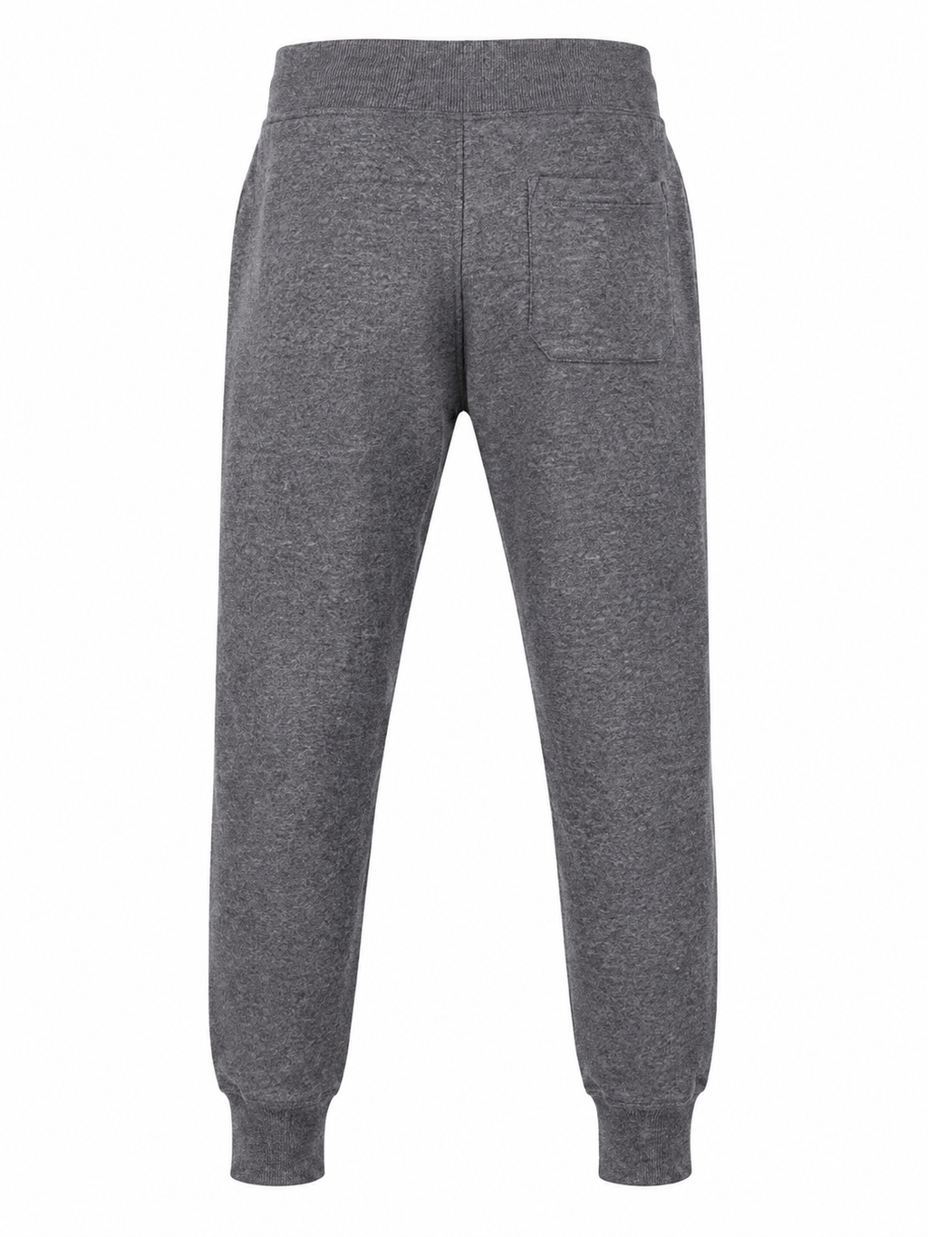 A pair of dark gray heathered sweatpants shown from the back, featuring a wide elastic waistband, a single back patch pocket, and ribbed ankle cuffs, set against a plain white background.