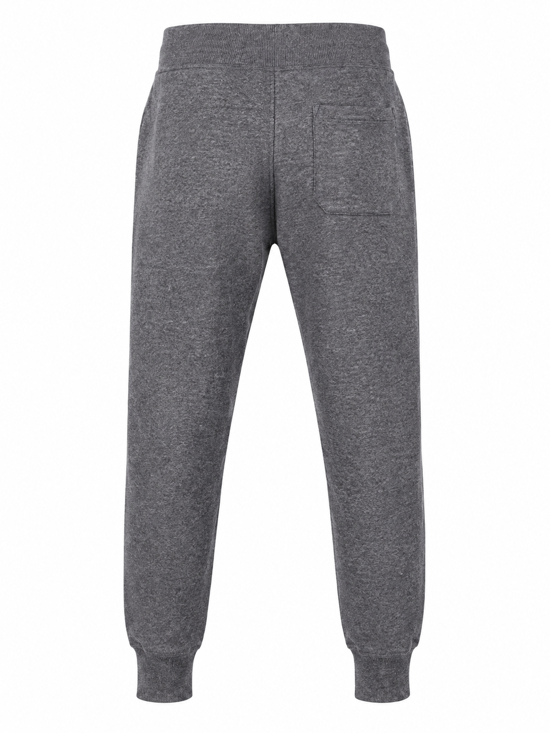 A pair of dark gray heathered sweatpants shown from the back, featuring a wide elastic waistband, a single back patch pocket, and ribbed ankle cuffs, set against a plain white background.