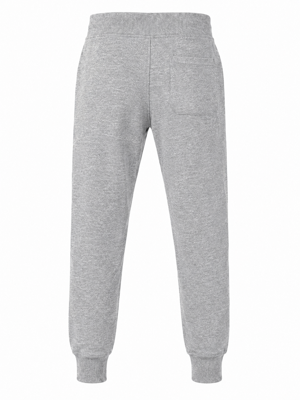 A pair of light gray heather sweatpants shown from the back, featuring an elastic waistband, side pockets, and ribbed ankle cuffs, set against a plain white background.