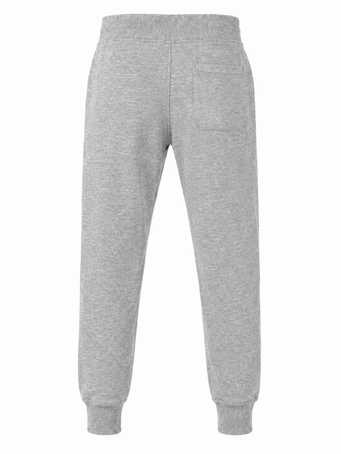 A pair of light gray heather sweatpants shown from the back, featuring an elastic waistband, side pockets, and ribbed ankle cuffs, set against a plain white background.