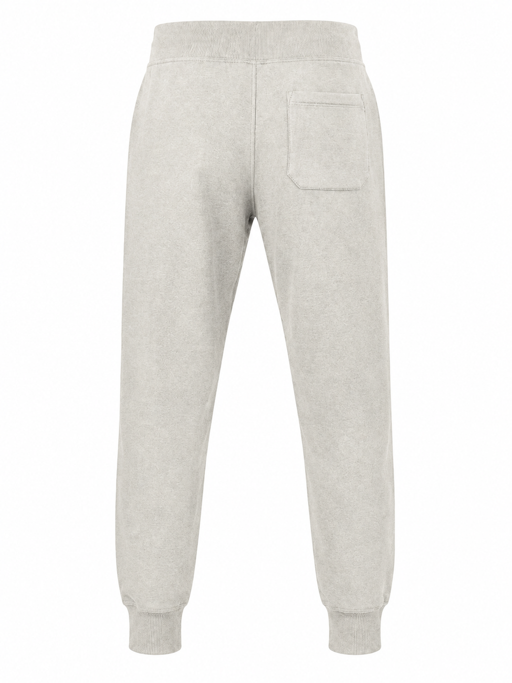 A pair of sandshell colored sweatpants shown from the back, featuring a single back pocket, elastic waistband, and ribbed ankle cuffs on a solid white background.