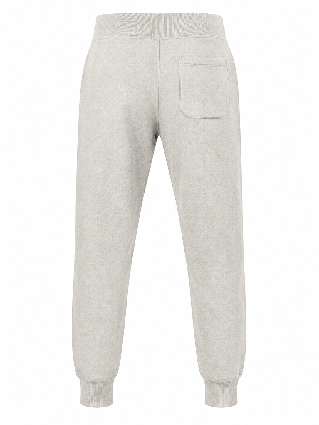 A pair of sandshell colored sweatpants shown from the back, featuring a single back pocket, elastic waistband, and ribbed ankle cuffs on a solid white background.