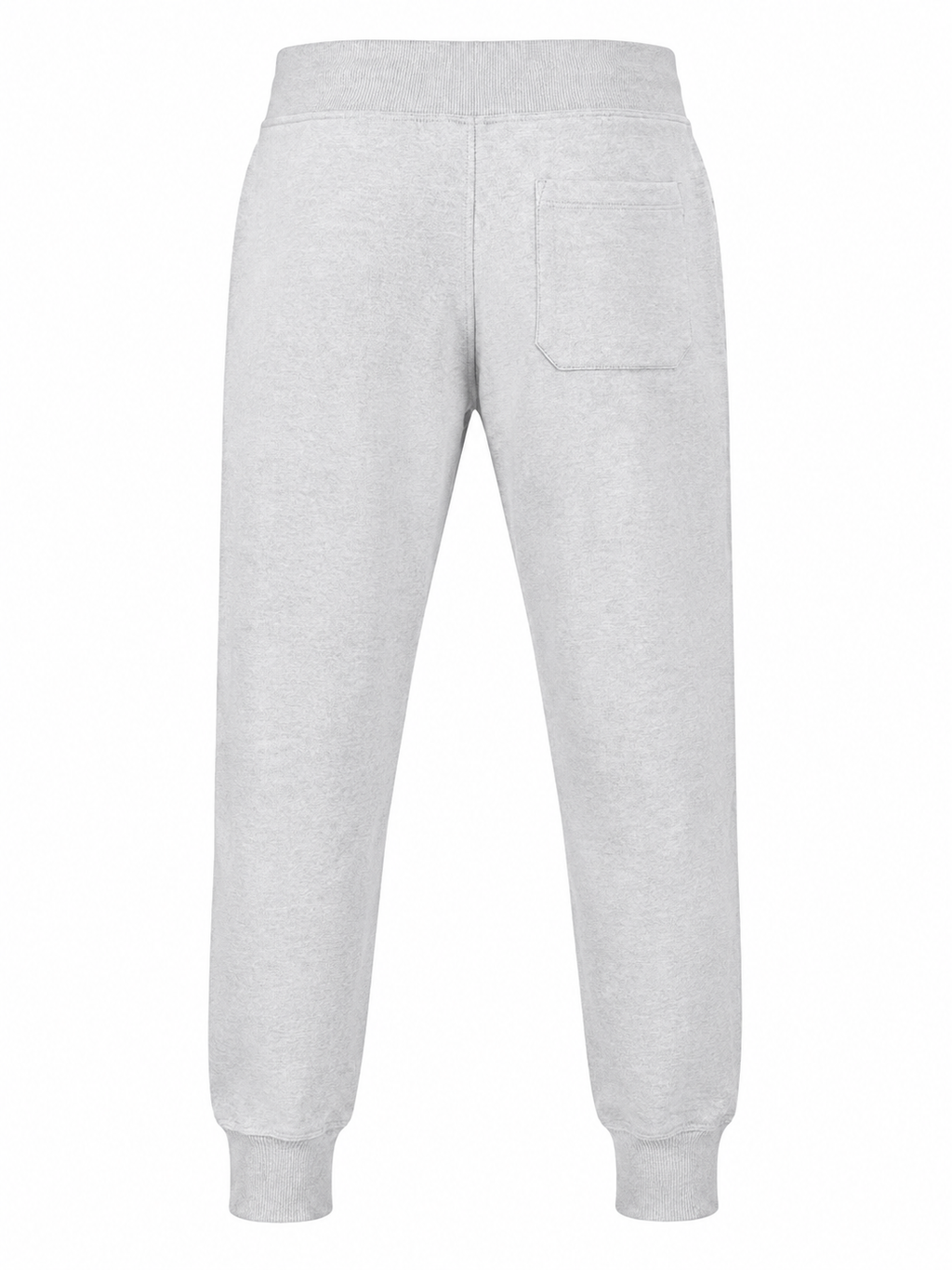 White sweatpants shown from the back, featuring a single back pocket, elastic waistband, and ribbed ankle cuffs on a plain white background.