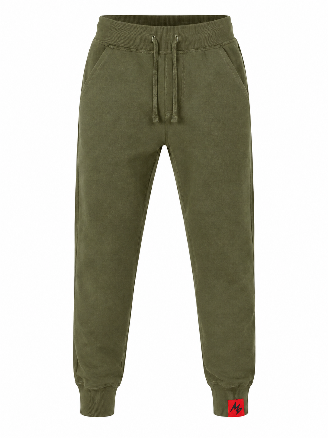 Olive green fleece jogger pants with a drawstring waist, side pockets, and ribbed cuffs, featuring a small red graphic patch on the left cuff.