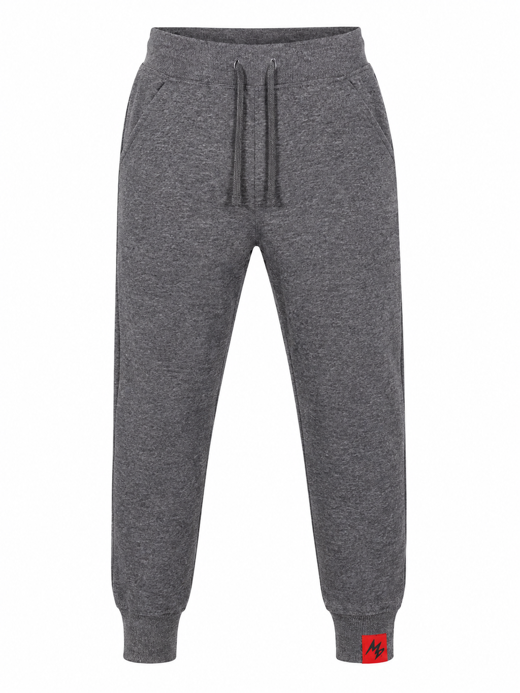 A pair of dark gray heather jogger sweatpants with a drawstring waist, side pockets, ribbed cuffs, and a small red logo patch on the lower left cuff, shown against a plain white background.