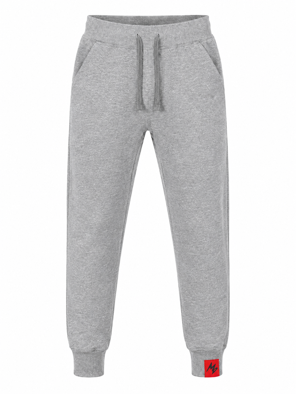 Light gray heather jogger sweatpants with a drawstring waist, side pockets, ribbed cuffs, and a small red brand patch on the lower left cuff.