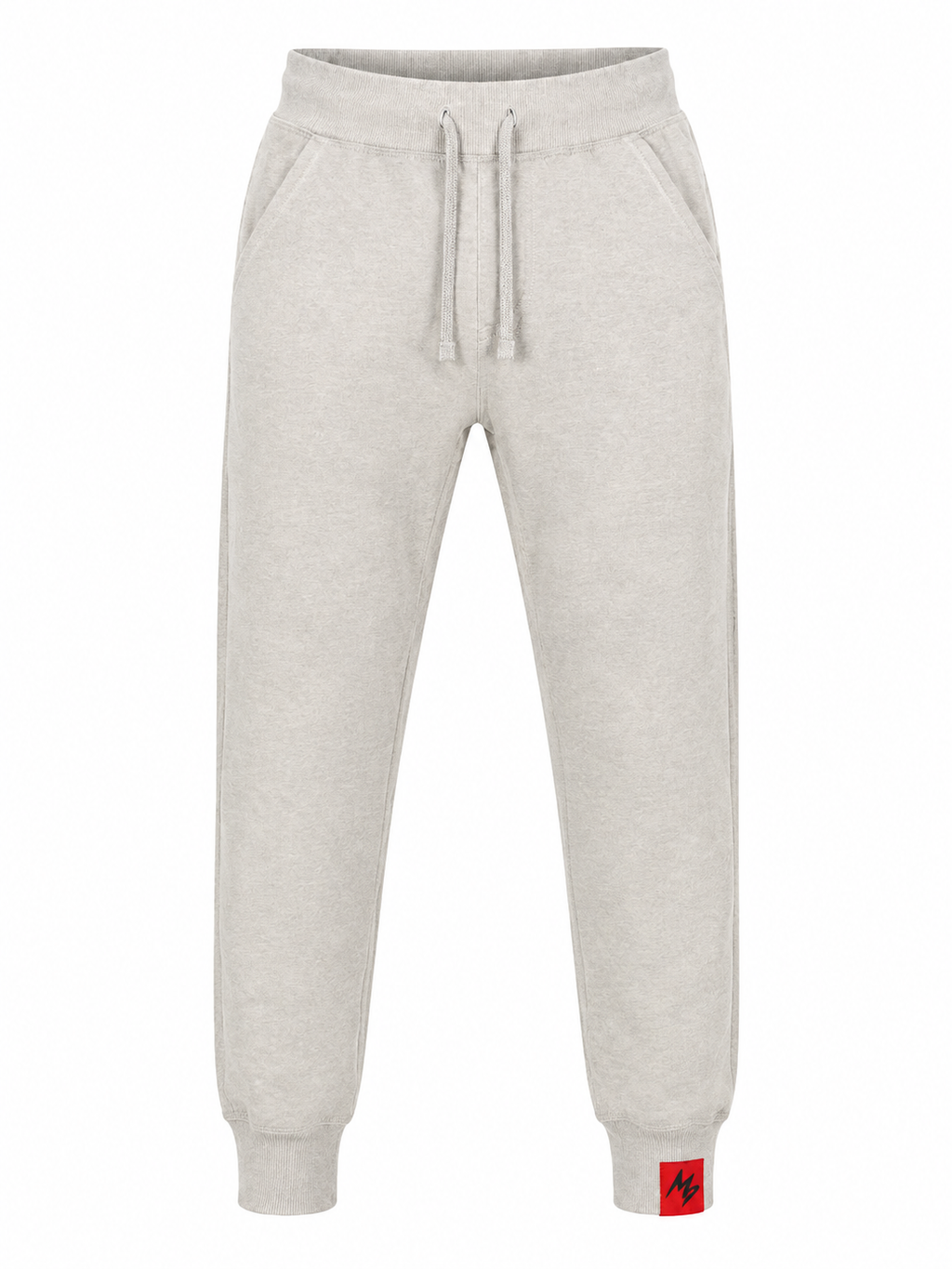 Sandshell sweatpants with a drawstring waist, side pockets, ribbed cuffs, and a small red brand patch on the lower left leg.