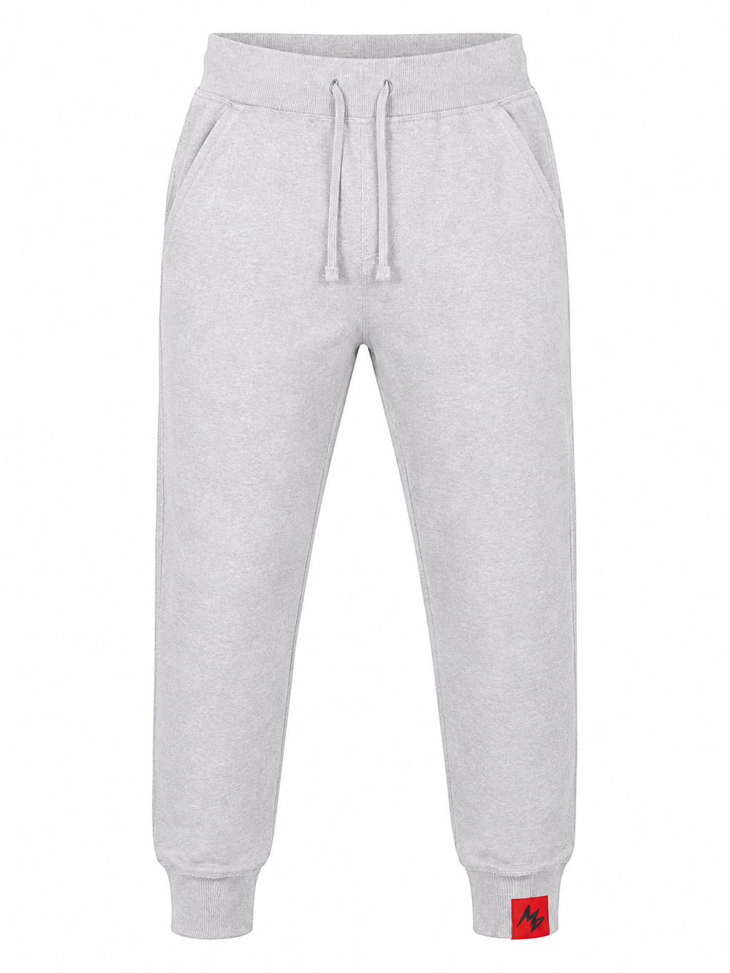 White sweatpants with a drawstring waist, side pockets, ribbed cuffs, and a small red square logo patch on the lower left leg.