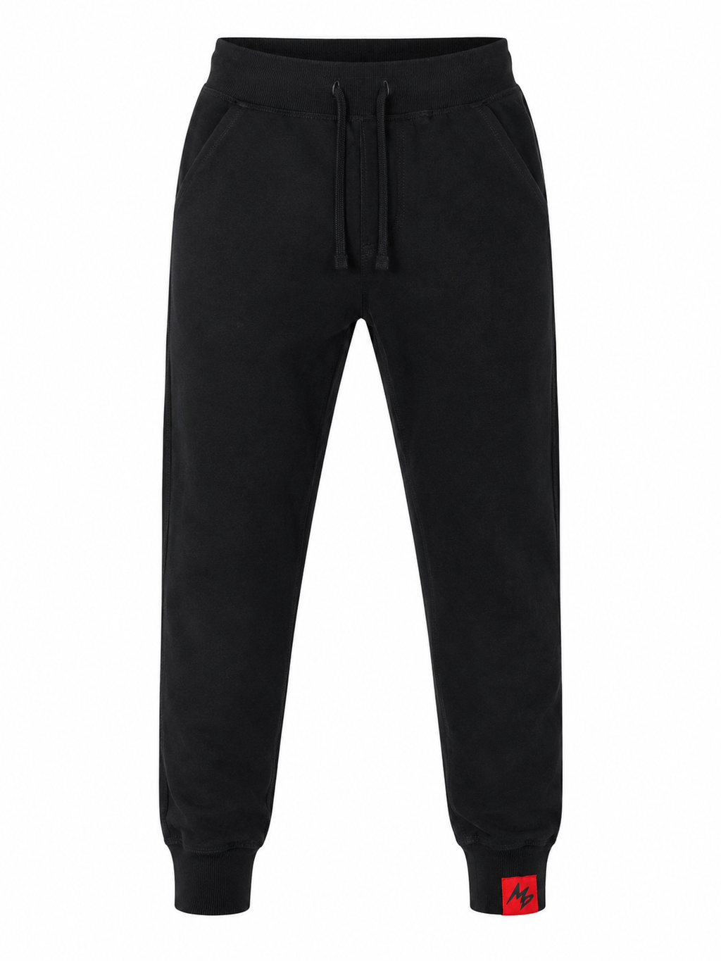 Black sweatpants with a drawstring waist, side pockets, ribbed cuffs, and a small red logo patch on the lower left leg, shown against a plain white background.
