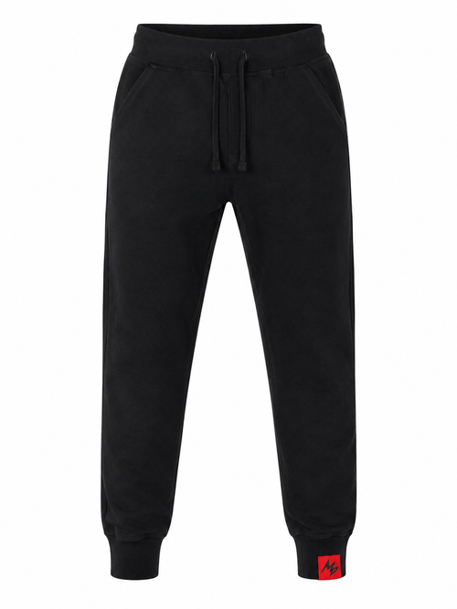 Black sweatpants with a drawstring waist, side pockets, ribbed cuffs, and a small red logo patch on the lower left leg, shown against a plain white background.