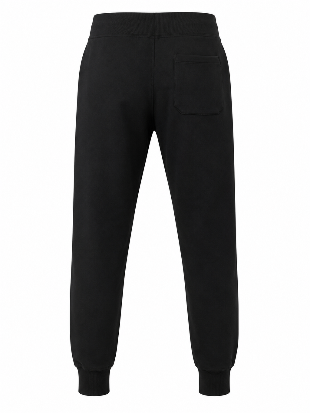 Black sweatpants shown from the back, featuring a single back pocket, elastic waistband, and ribbed ankle cuffs, displayed on a solid white background.