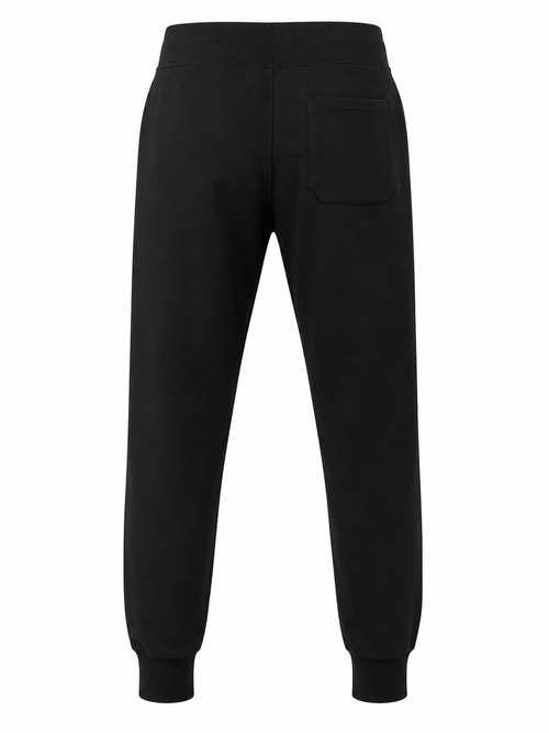Black sweatpants shown from the back, featuring a single back pocket, elastic waistband, and ribbed ankle cuffs, displayed on a solid white background.