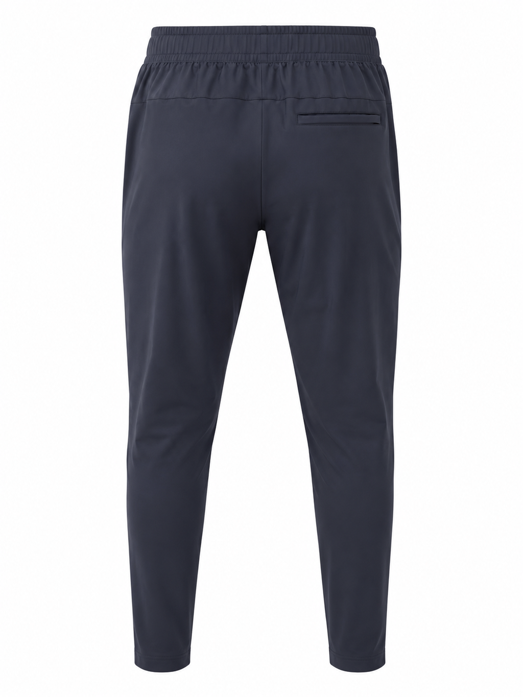 Back view of grey jogger pants with an elastic waistband and a side welt pocket, shown on a plain white background.