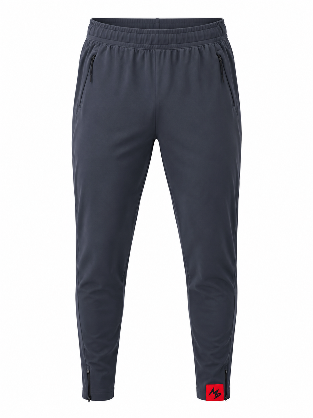 Gray athletic pants with an elastic waistband, zippered ankle cuffs, and a small red logo patch on the lower left leg, shown against a plain white background.