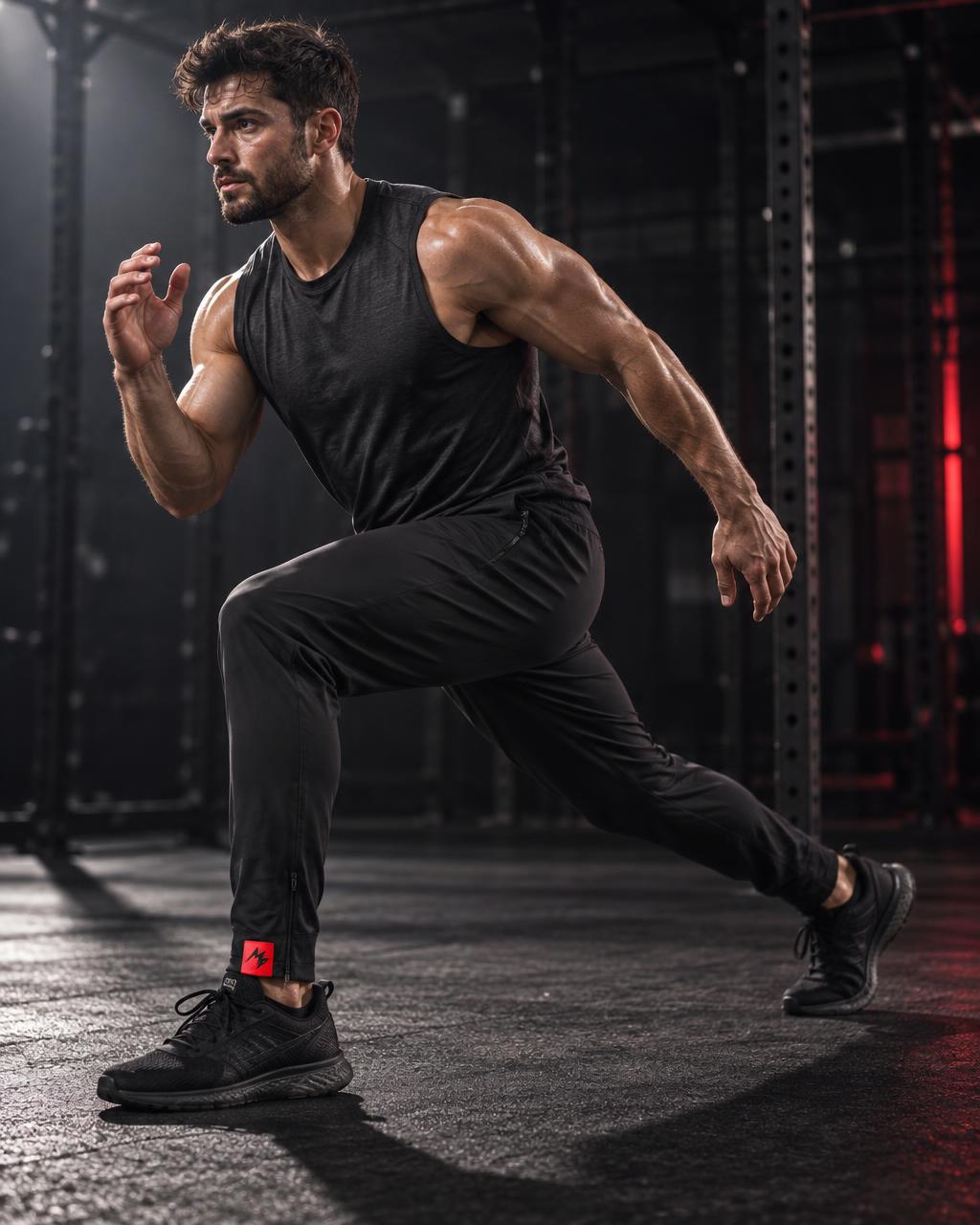 A man in a black athletic t-shirt and black jogger pants running through a dark gym, wearing black sneakers with a small red logo on the side.