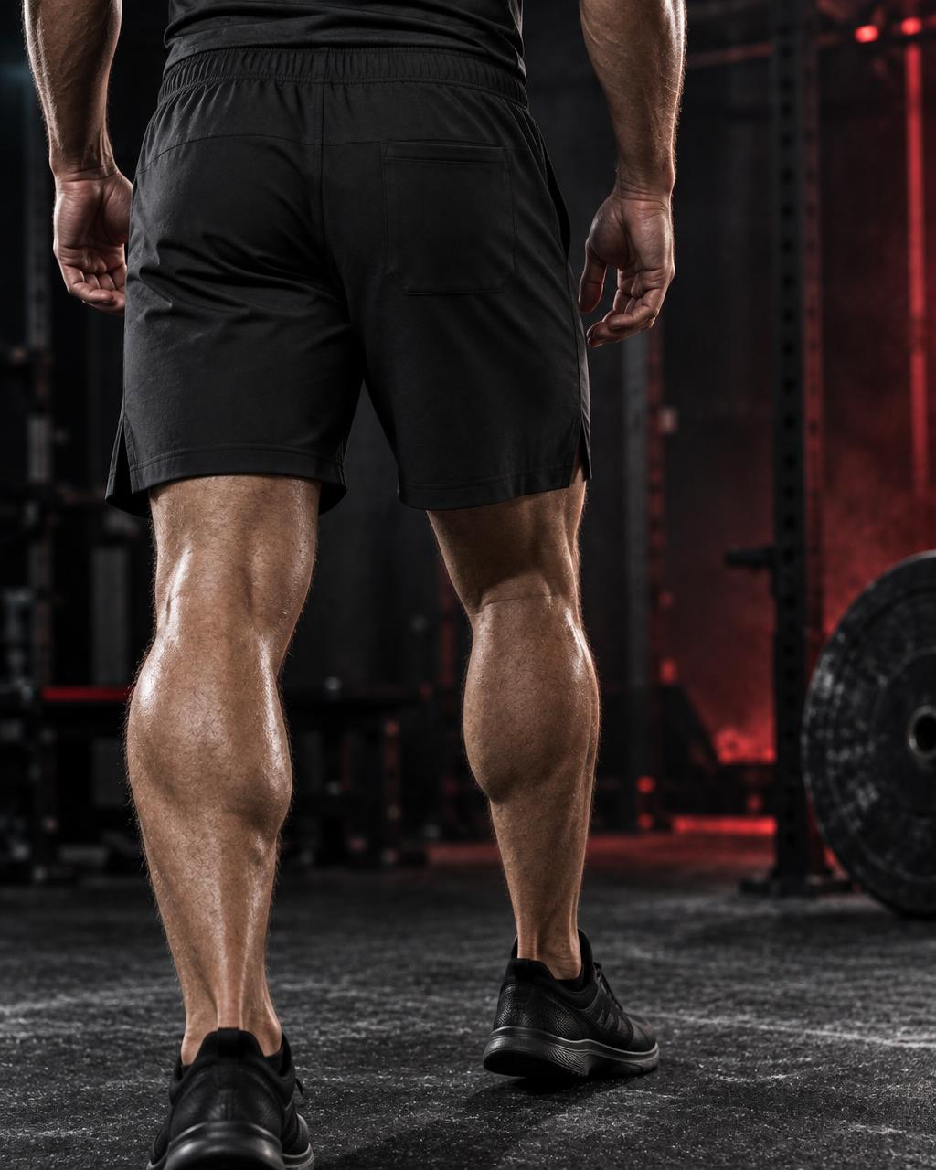 A close-up back view of a person in a gym wearing black athletic shorts and black sneakers, standing on a dark gym floor with weight equipment in the background.