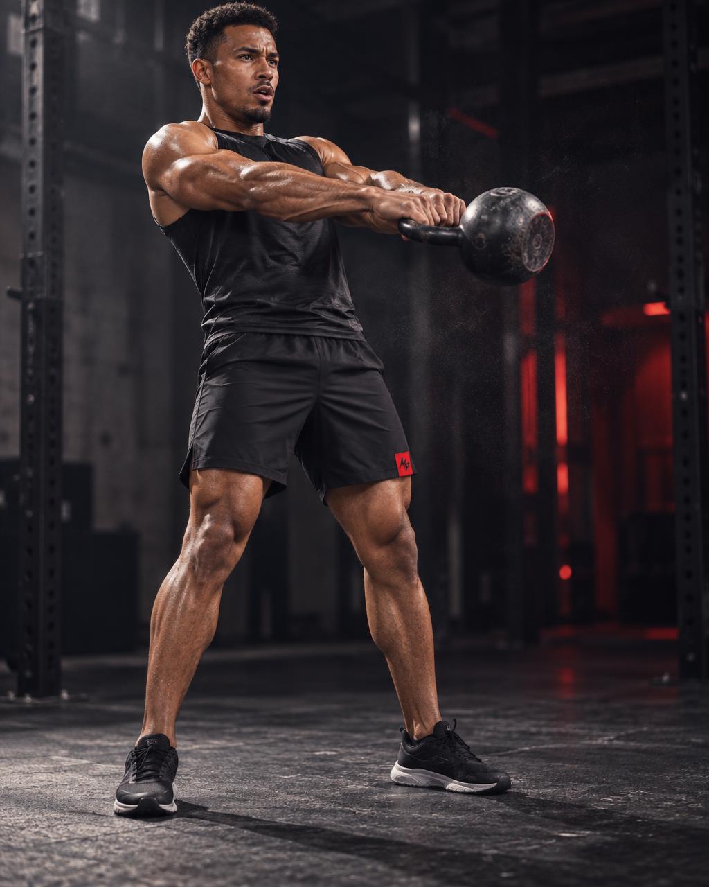 A muscular man in a gym setting, wearing a black tank top, black athletic shorts with a red logo, and black sneakers, holding a kettlebell in a front split stance.