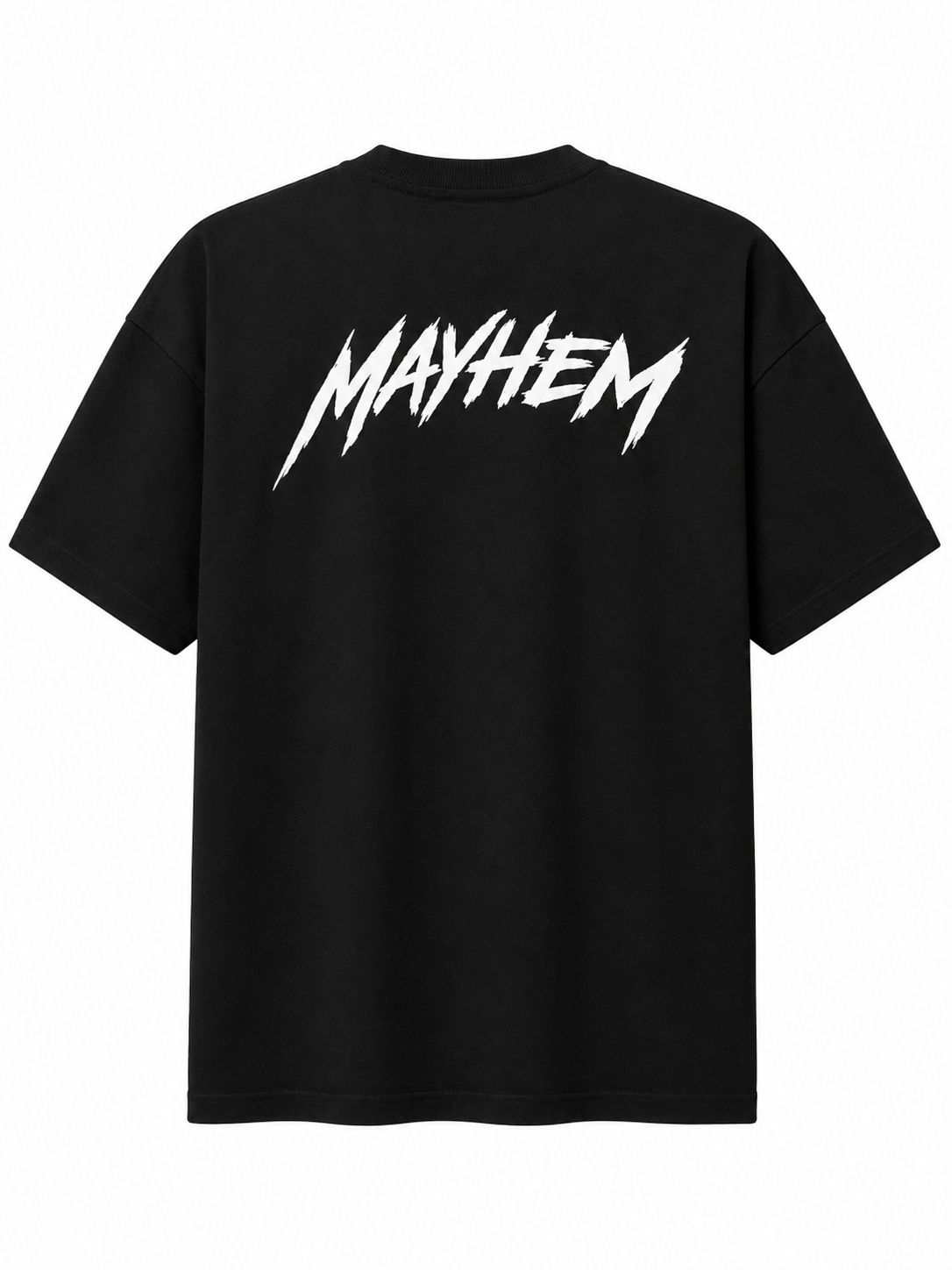 A black short-sleeve t-shirt with a large white 'MAYHEM' logo printed across the chest in a jagged, stylized font, shown against a plain white background.