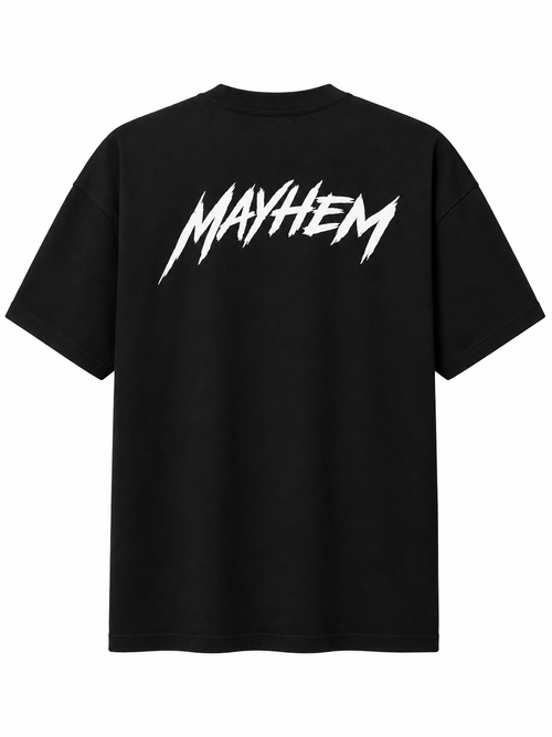 A black short-sleeve t-shirt with a large white 'MAYHEM' logo printed across the chest in a jagged, stylized font, shown against a plain white background.