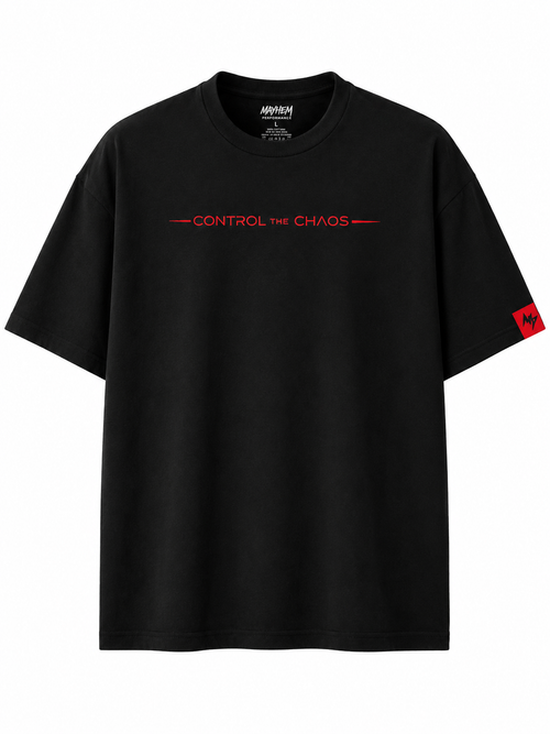 A black short-sleeve crewneck t-shirt with 'CONTROL THE CHAOS' printed in red across the chest, featuring a small red square logo patch on the left sleeve.