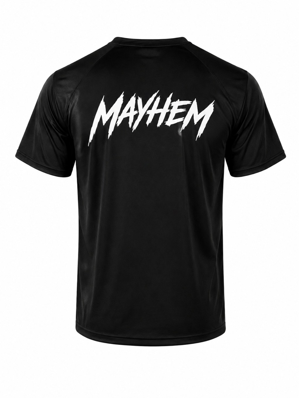 A black short-sleeve athletic t-shirt with a large white 'MAYHEM' logo printed across the chest in a jagged, stylized font, shown against a plain white background.