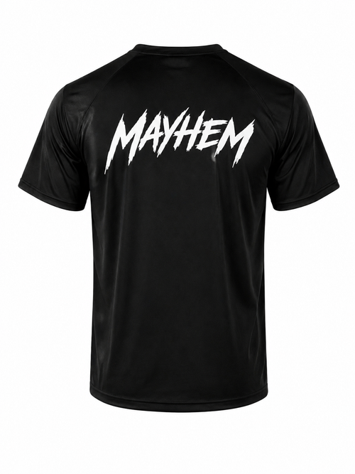 A black short-sleeve athletic t-shirt with a large white 'MAYHEM' logo printed across the chest in a jagged, stylized font, shown against a plain white background.