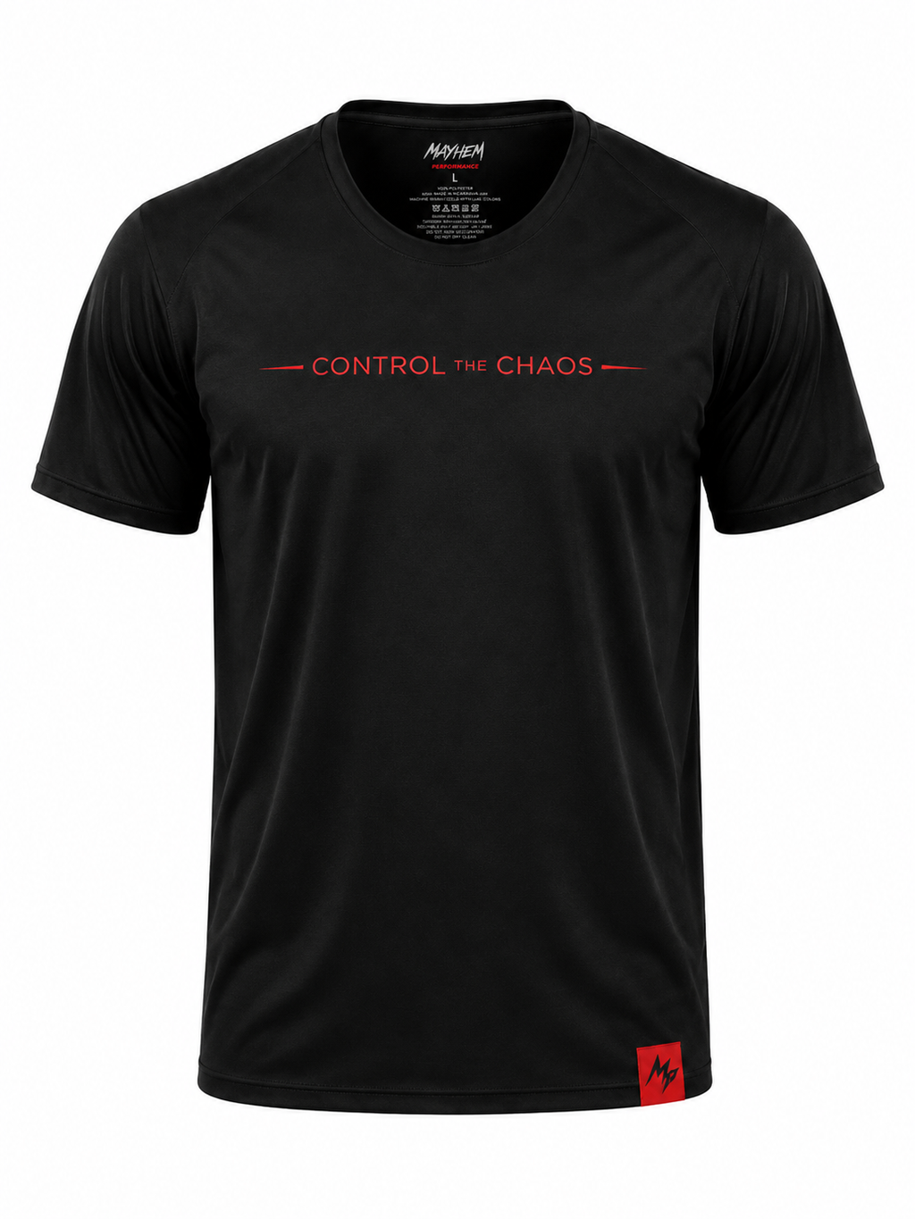A black short-sleeve crewneck t-shirt with 'CONTROL THE CHAOS' printed in red across the chest, featuring a red logo patch on the bottom hem and the brand name 'MAYHEM' printed inside the collar.