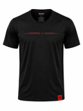 A black short-sleeve crewneck t-shirt with 'CONTROL THE CHAOS' printed in red across the chest, featuring a red logo patch on the bottom hem and the brand name 'MAYHEM' printed inside the collar.