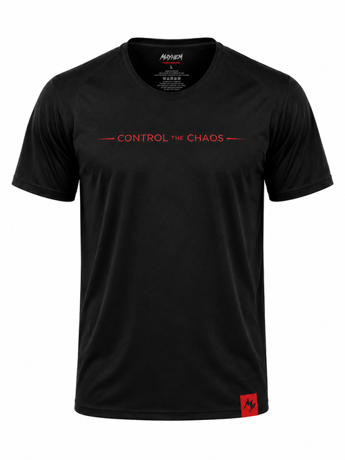 A black short-sleeve crewneck t-shirt with 'CONTROL THE CHAOS' printed in red across the chest, featuring a red logo patch on the bottom hem and the brand name 'MAYHEM' printed inside the collar.