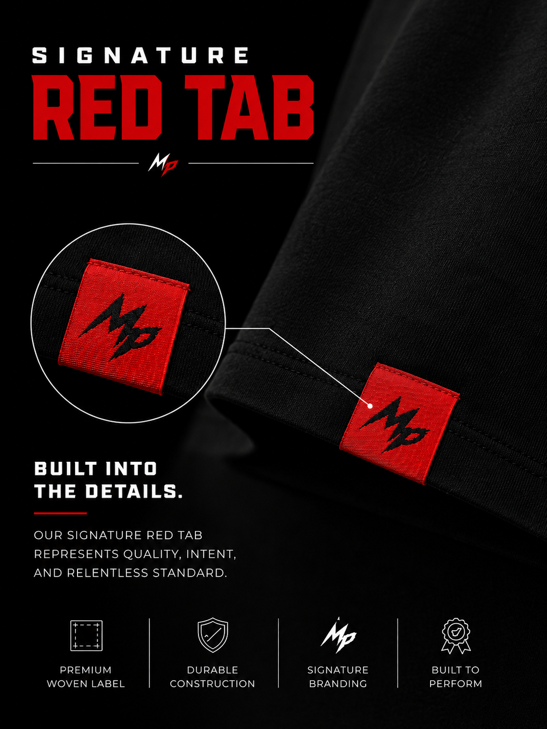 A close-up of a black garment with a red square woven label featuring a black stylized 'Md' logo, shown with a circular inset zoom and marketing text reading 'SIGNATURE RED TAB' and 'BUILT INTO THE DETAILS.'.