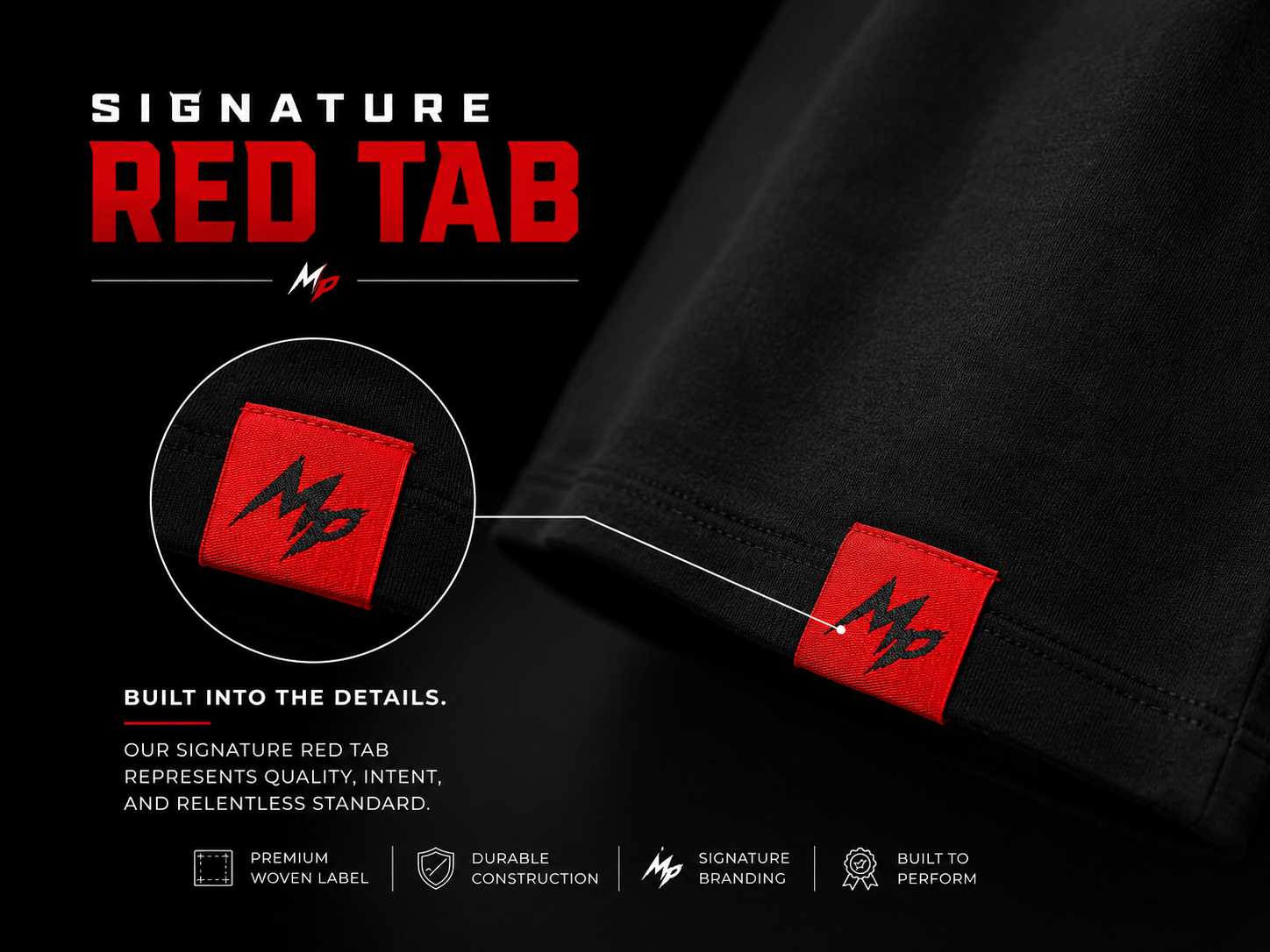 Signature red tab label featuring a logo, on MP products.