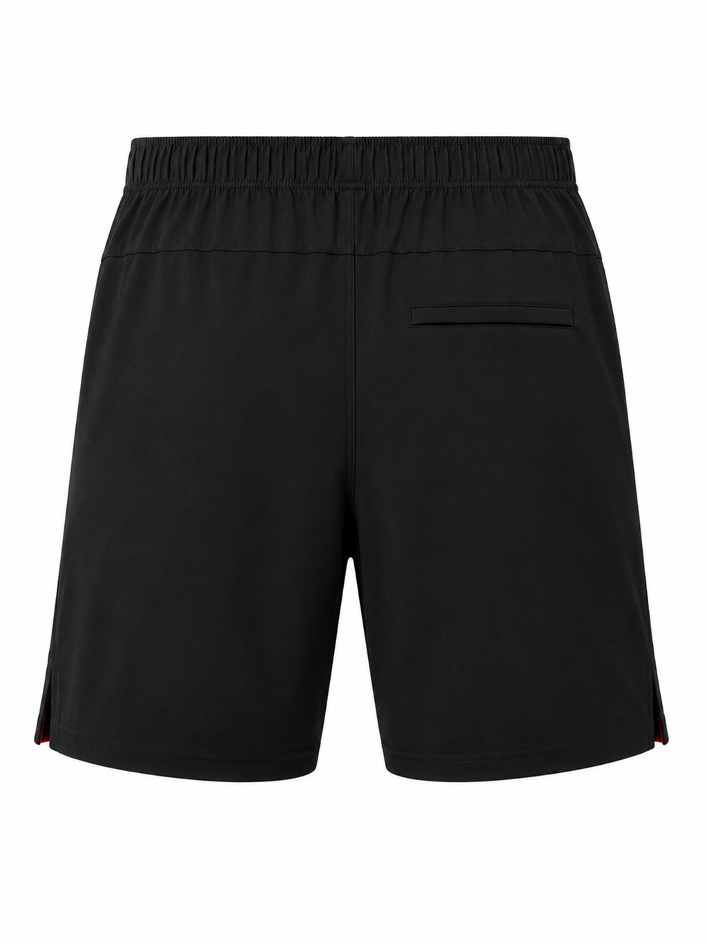 Black athletic shorts with an elastic waistband and a side pocket, shown from the back on a white background.