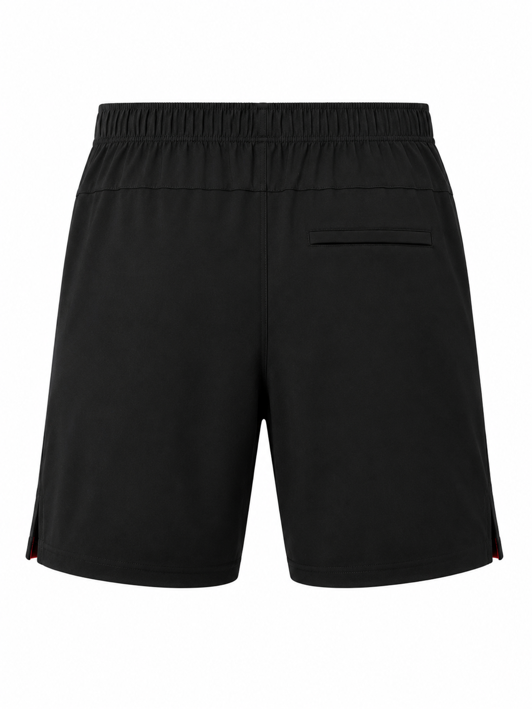 Black athletic shorts with an elastic waistband and a side pocket, shown from the back on a white background.