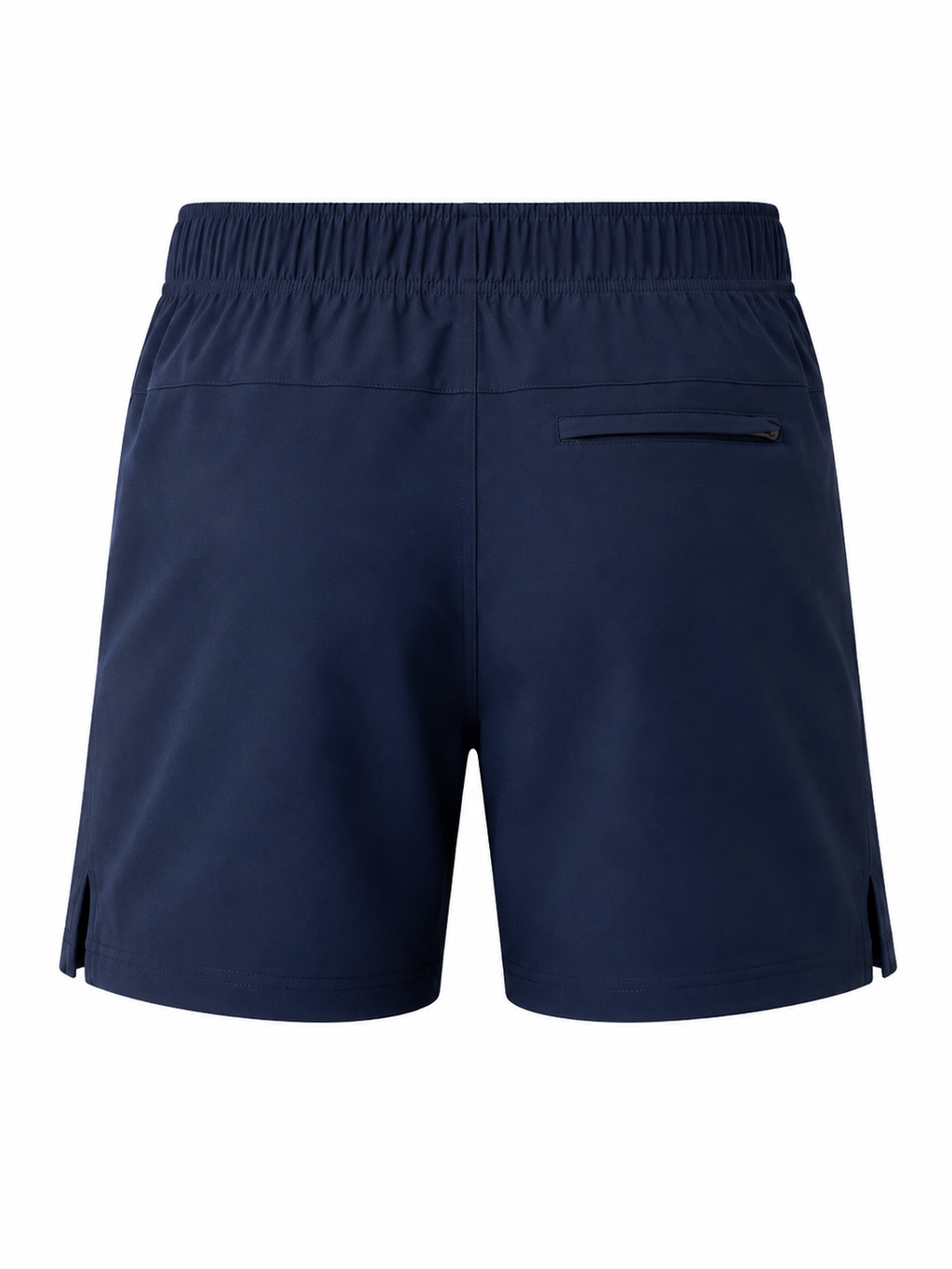 A pair of navy blue athletic shorts shown from the back, featuring an elastic waistband and a zippered pocket on the right side, set against a plain white background.