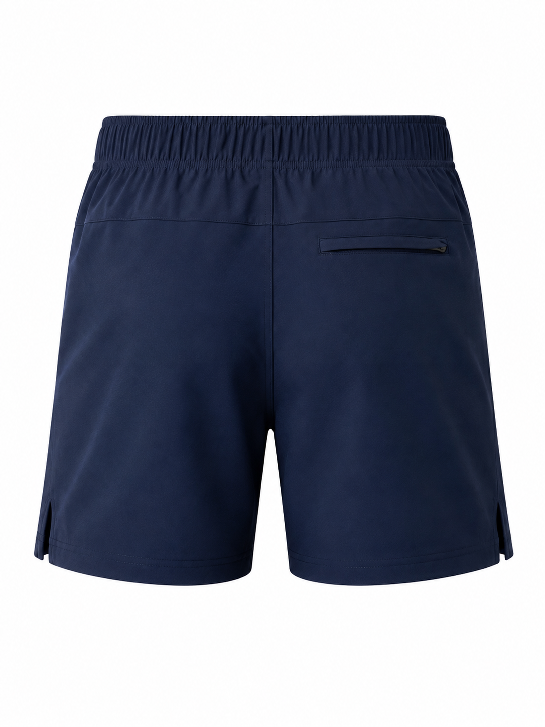 A pair of navy blue athletic shorts shown from the back, featuring an elastic waistband and a zippered pocket on the right side, set against a plain white background.