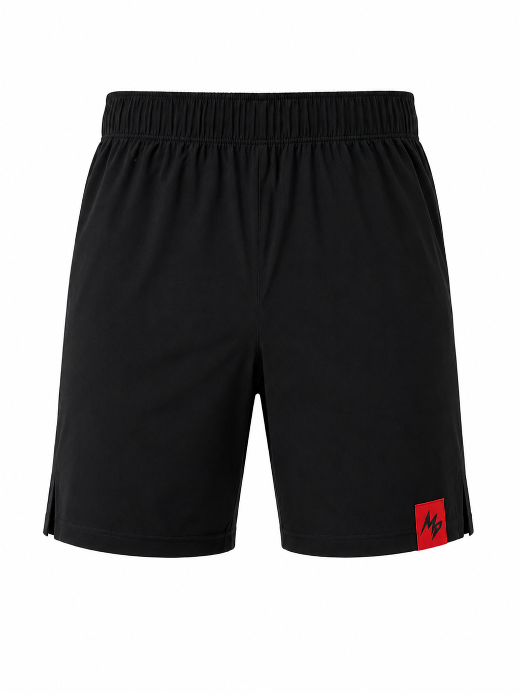 Black athletic shorts with an elastic waistband and a small red square logo patch on the lower left hem, shown against a plain white background.