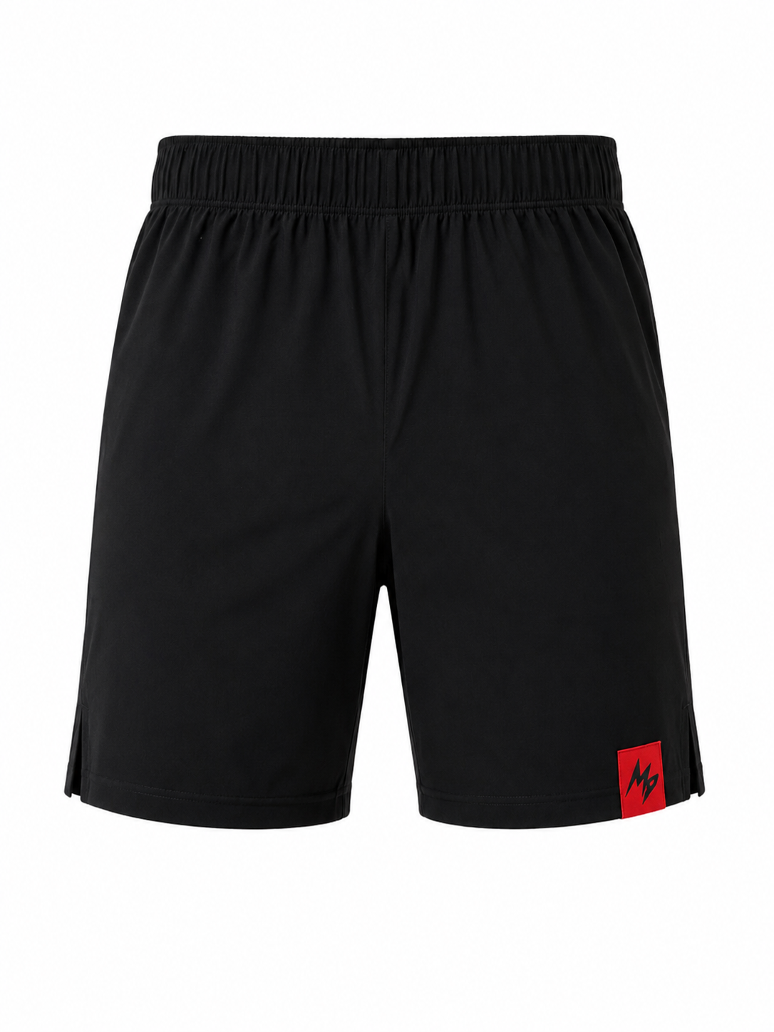Black athletic shorts with an elastic waistband and a small red square logo patch on the lower left hem, shown against a plain white background.