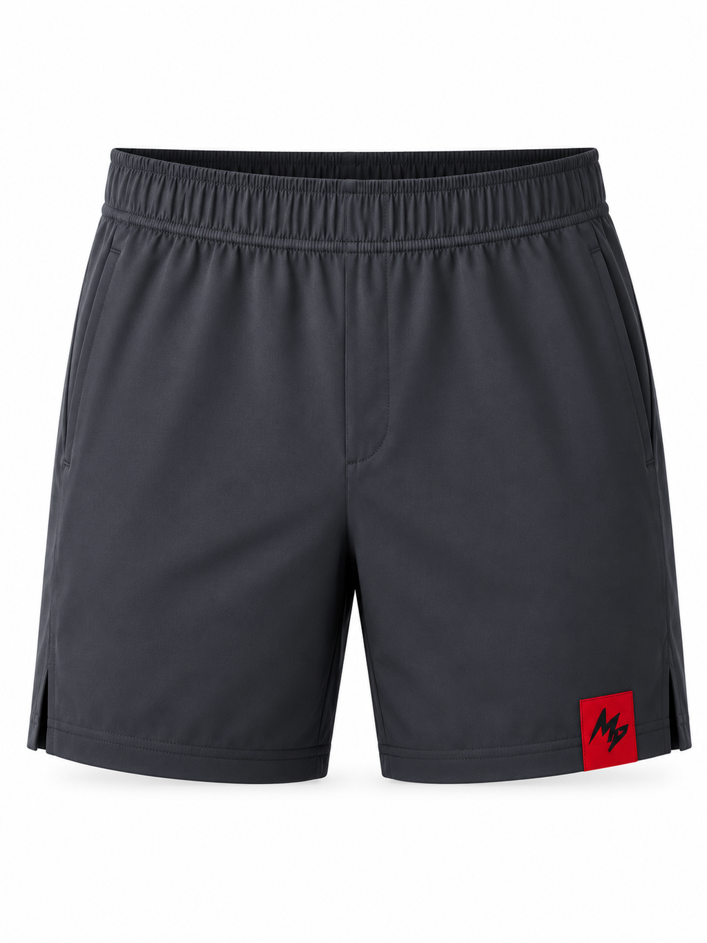 Dark gray athletic shorts with an elastic waistband and a small red logo patch on the lower left leg, shown against a plain white background.