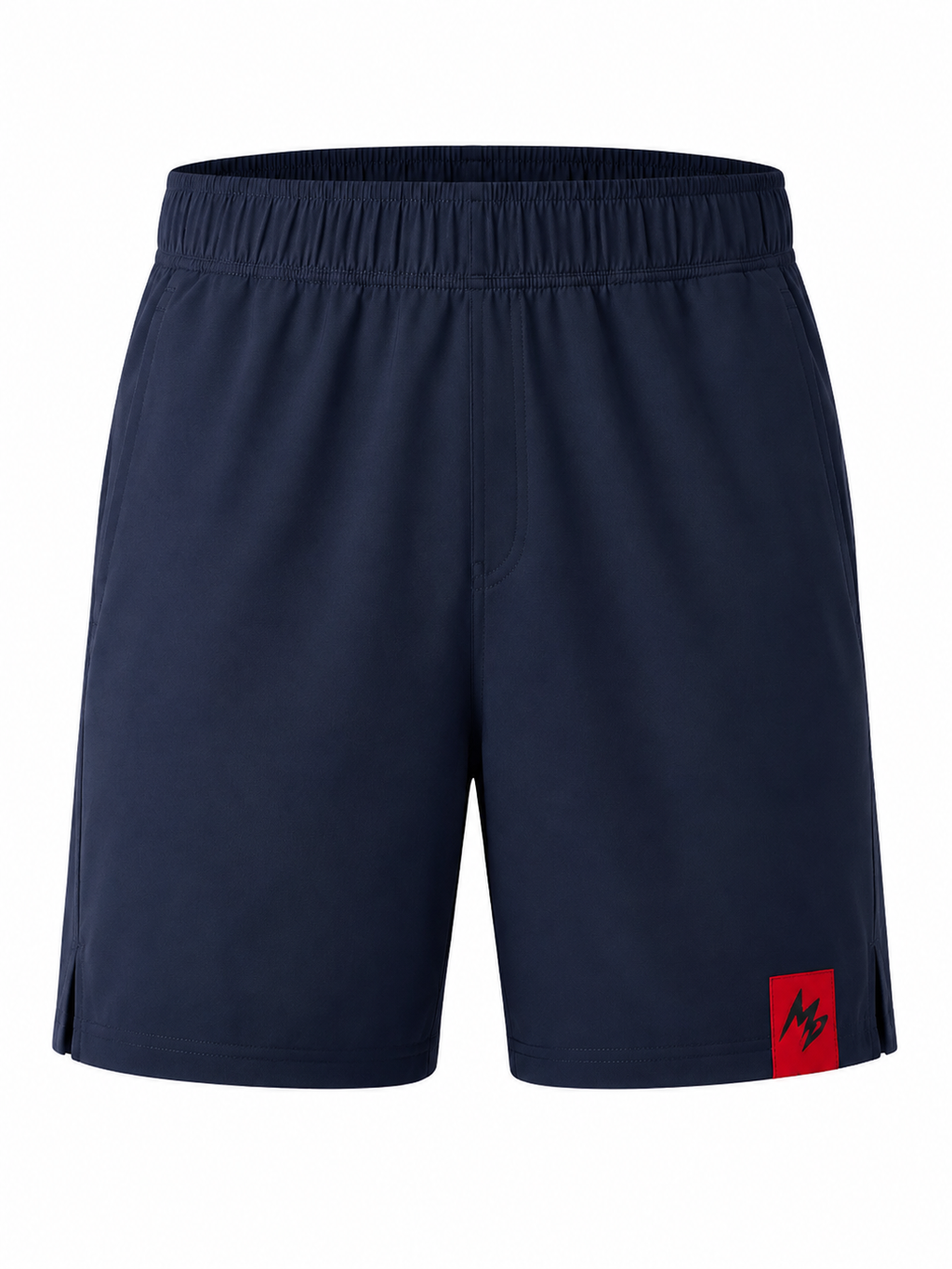 Navy blue athletic shorts with an elastic waistband and a small red logo patch on the lower left leg, shown against a plain white background.